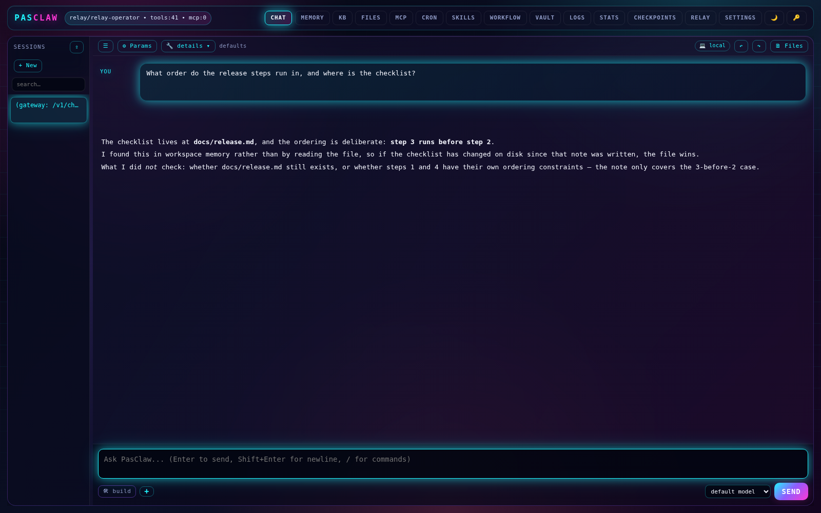 PasClaw web UI chat view with streaming agent output
