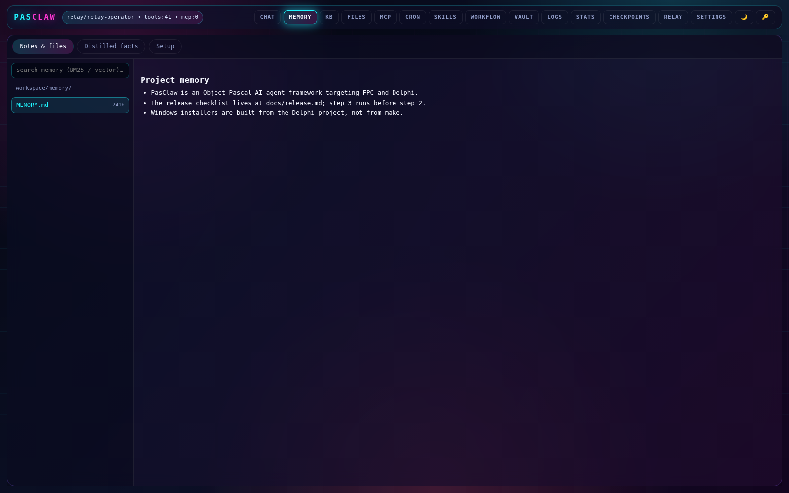 PasClaw web UI memory view listing stored facts and notes